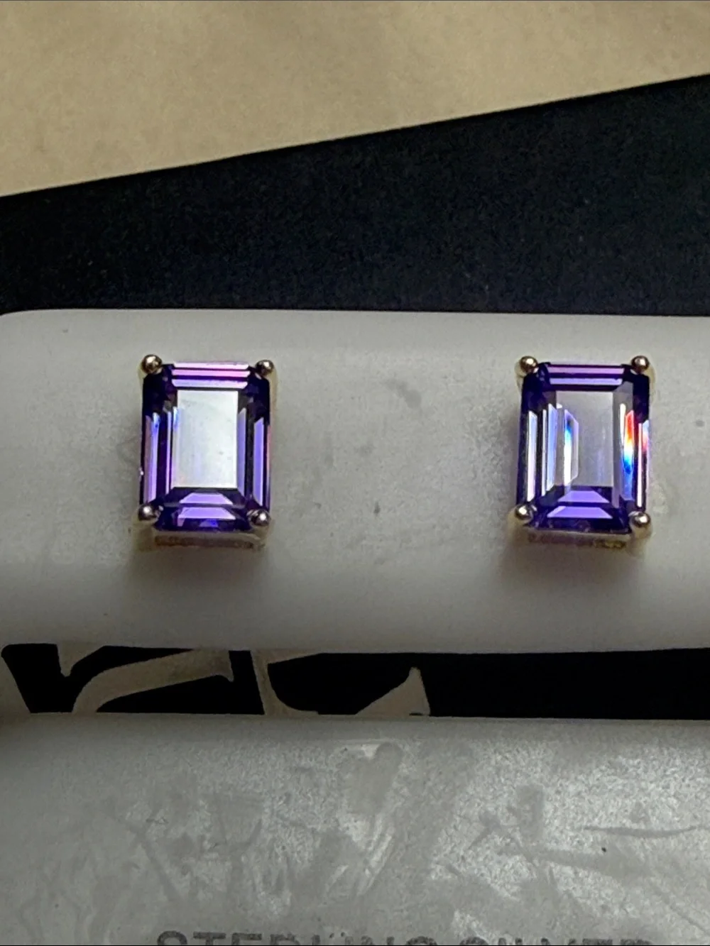 14k Gold over 925 Sterling Silver Purple Gemstone Emerald-Cut Stud Earrings NEW